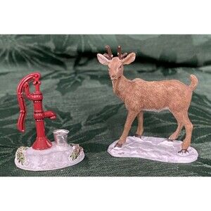 Lemax Christmas Village Deer On The Hoof 92343 & Red Water Pump 54107 Figurine